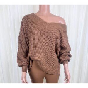 Zenana Plus Size V-Neck Off The Shoulder Waffle Knit Sweater Camel Brown 1X
